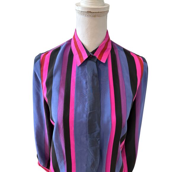 Vintage Oleg Cassini Silk Bold Stripe Button Down Shirt Pink Blue Black 8 - Picture 2 of 5